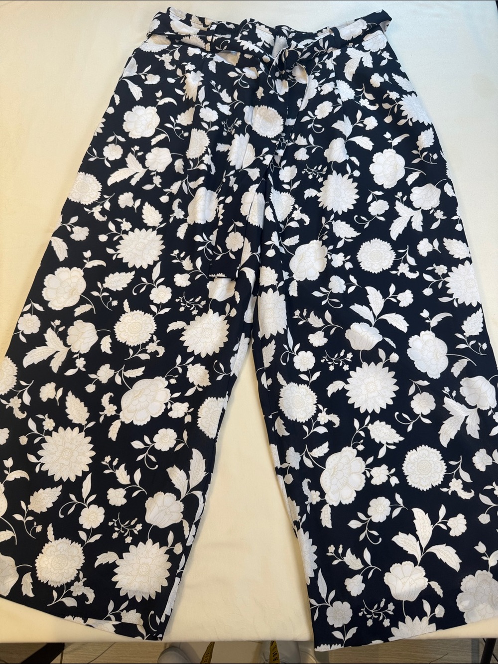 Ann Taylor Black and Cream Floral Wide-Leg Pants